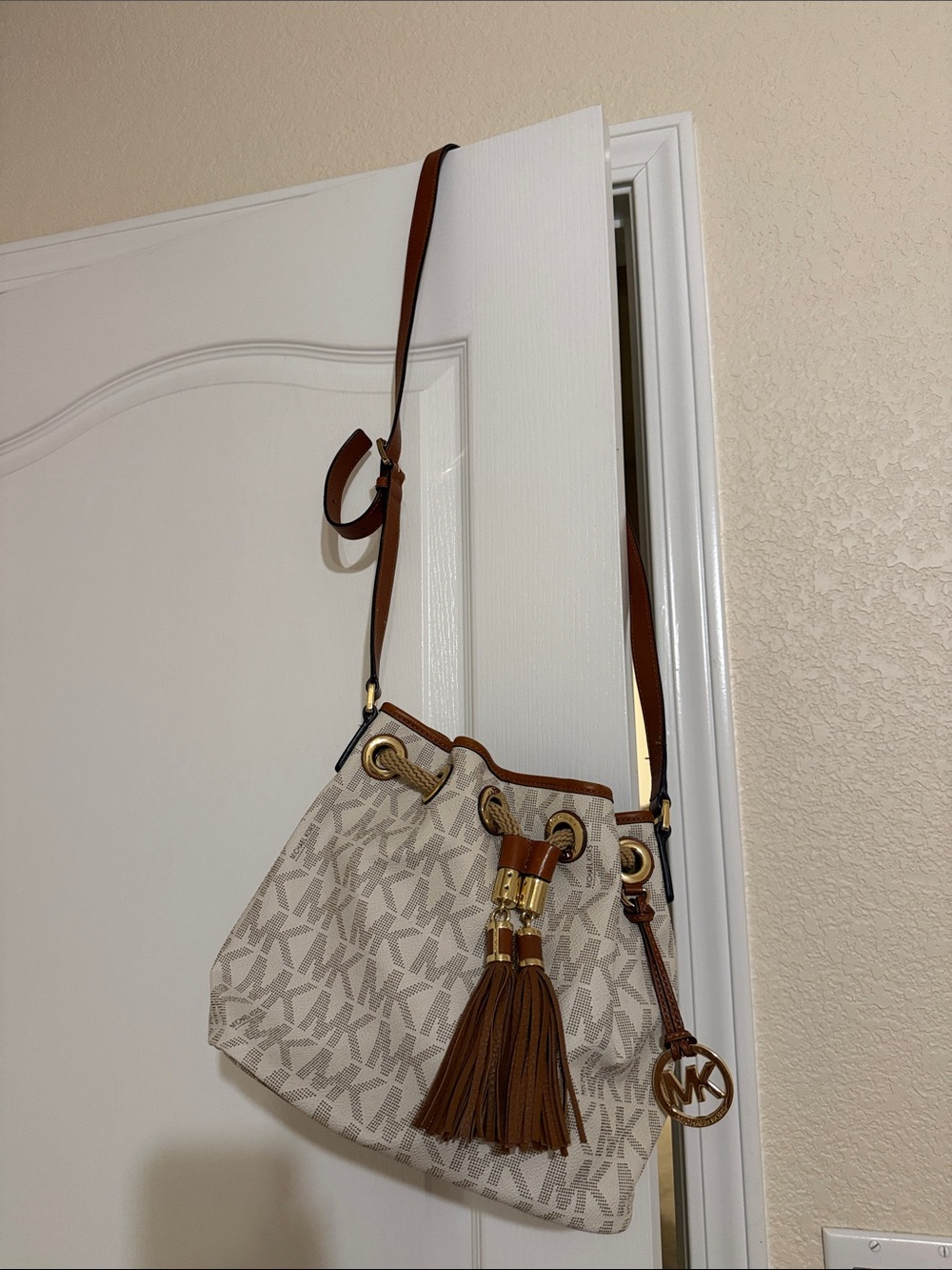 Michael Kors Vanilla MK Logo Crossbody with Brown Leather Trim